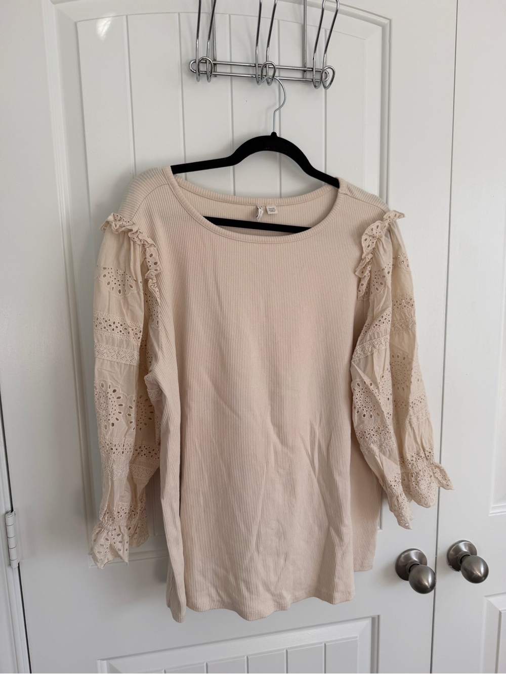 CATO Women's Plus Cream Eyelet Sleeve Ribbed Top